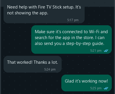 WhatsApp chat. A viewer says a Fire TV Stick setup then worked.
