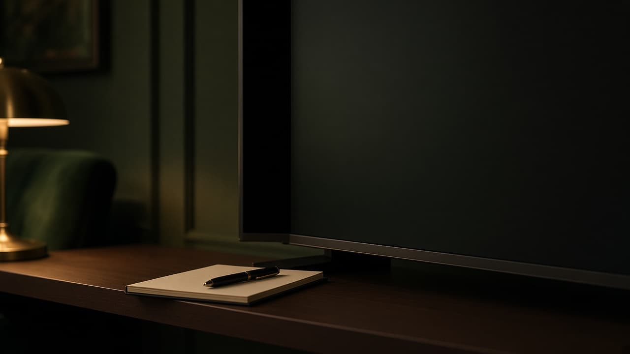 A dark television beside a closed notebook and a pen, with no logos and no readable screen.