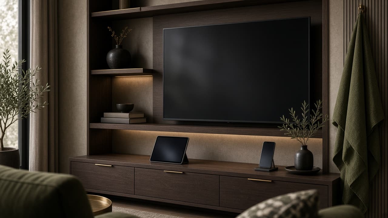 A television, tablet, and phone on a media shelf with the screens dark.