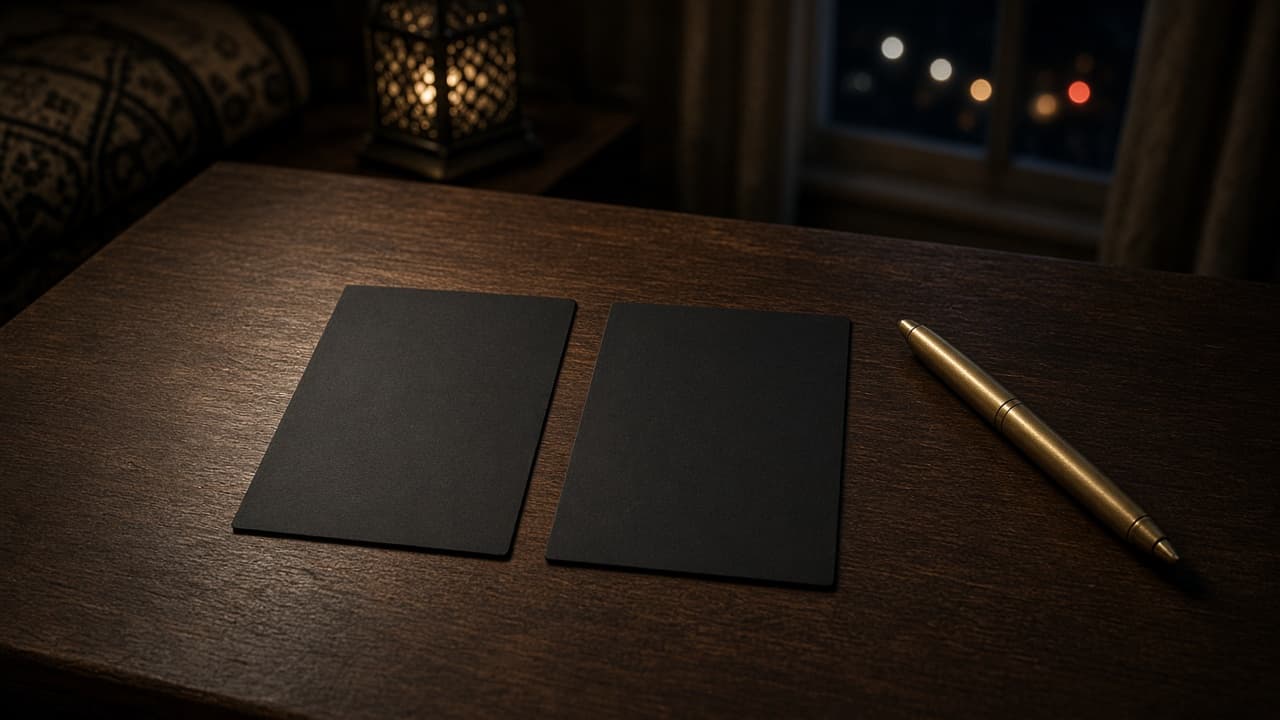 Two blank dark cards and a brass pen on a wooden table at night, with no writing on the cards.