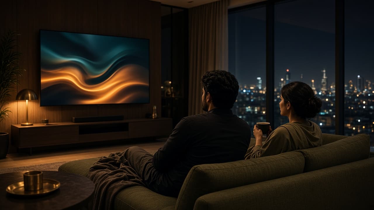 An evening living room with a television and city lights beyond the glass.