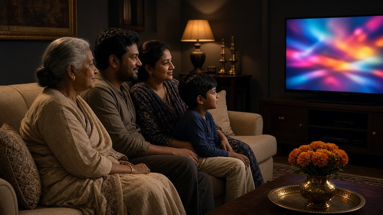 An Indian family seated together in a living room with a television in the background.