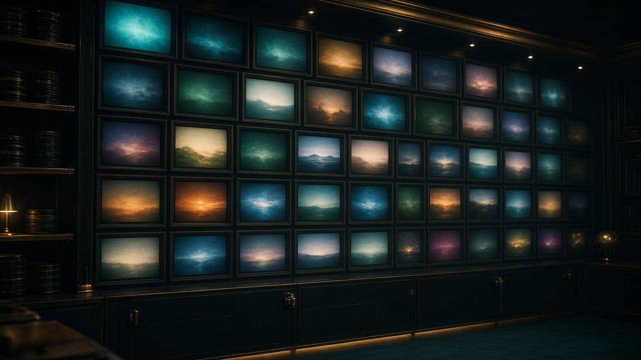 A dark wall of screens showing only color and light, with no visible channel logos.
