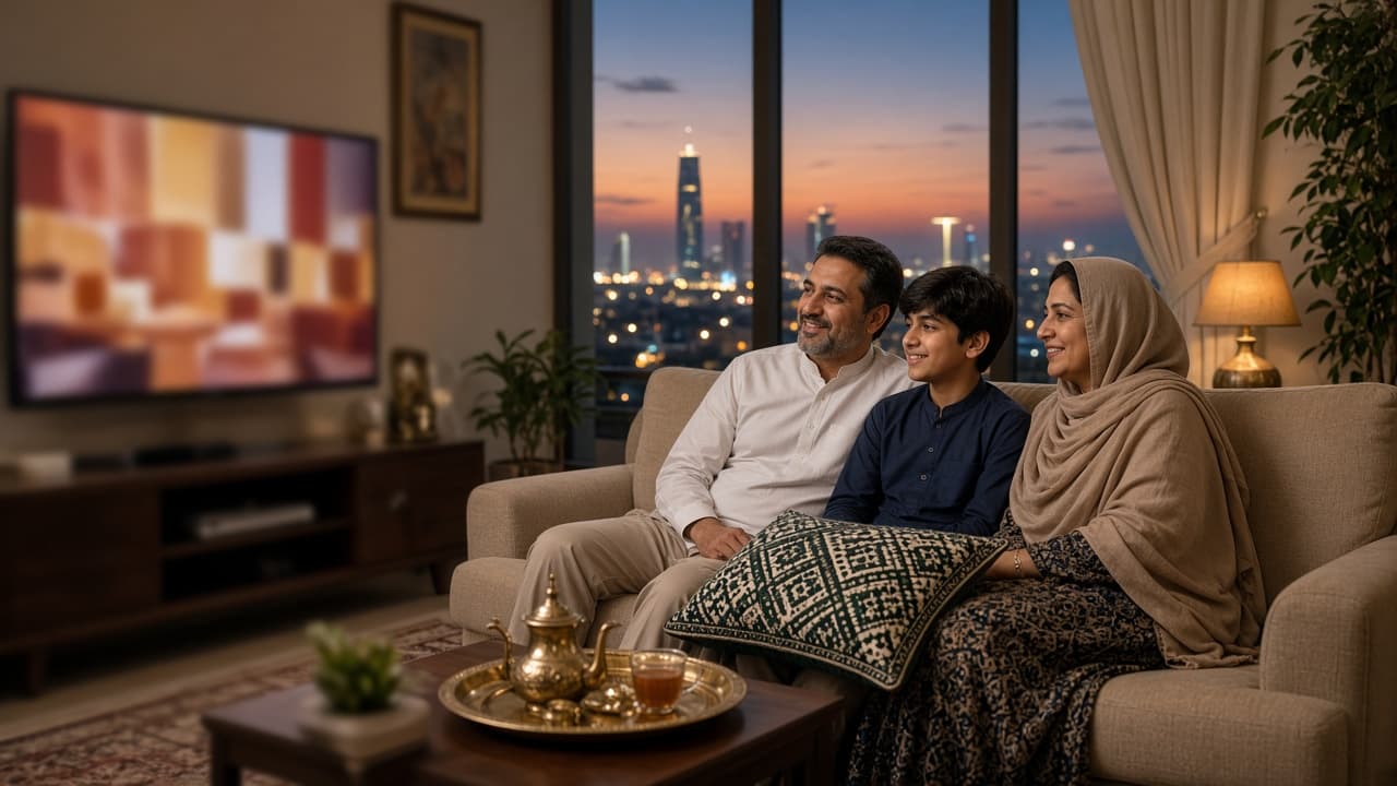 A family watching television together in a softly lit apartment in the evening.