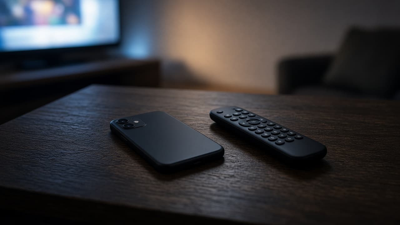 A phone face-down beside a remote, with television light on the wall.