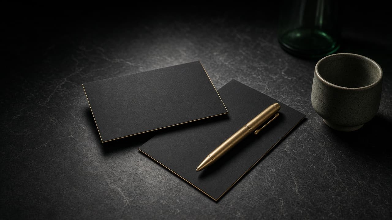 Two dark cards and a brass pen on a stone table, suggesting a calm price comparison.
