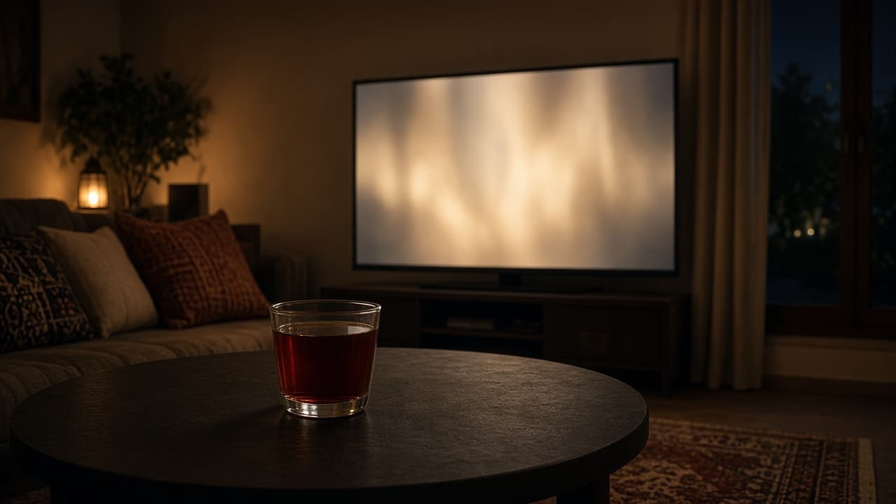 A glass of tea in front of a softly glowing television in a dim room.