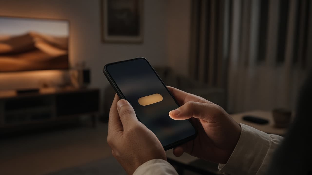 Hands holding a phone in a dim living room while a television glows in the background.